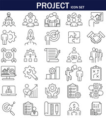 Professional project management icon set. Includes teamwork, planning, strategy, success, analysis, and workflow icons. Perfect for business, presentation, and web design.