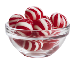 A bowl of red and white striped hard candies, isolated on a transparent background