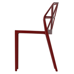 Modern red geometric cutout chair, side view, 3D render, isolated on transparent background.