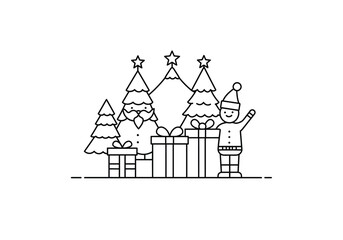 Christmas celebration drawing. Black and white outline of a festive Christmas scene with Santa, gifts, trees, and a snowman. Vector sketch line art draw.
