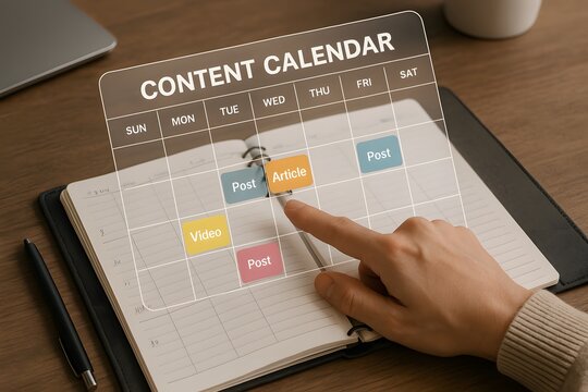 A hand points towards a digital content calendar displayed on a notebook, planning for social media content
