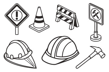 Construction safety and tools icons warning sign