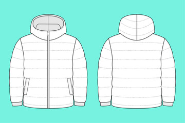 Unisex Quilting Padding Zip Through Hoodie Jacket fashion flat sketch outline CAD mockup template. © MdAmirul