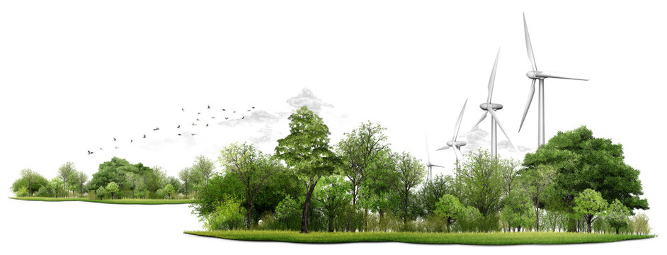 grass Eco landscape with wind turbine, sustainable green energy and natural environment.