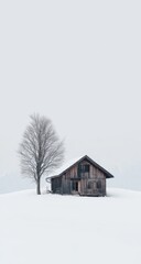Snowy winter landscape with rustic wooden chalet and bare tree