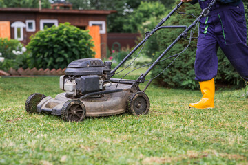 Fototapeta premium A lawn mower man mows the grass in the backyard. Agricultural machinery for garden maintenance. The concept of gardening and country life. The banner.