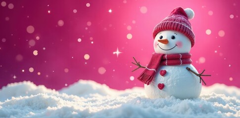 Fototapeta premium Friendly snowman with glittery accents waves on magenta background, illustration, adorable