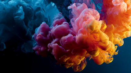 Fototapeta premium A colorful cloud of ink in water, with the hues of orange and pink swirling together on a dark blue background