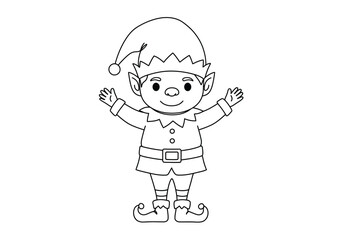 Obraz premium Christmas elf drawing. Black and white outline of a cheerful Christmas elf with pointed ears and a festive hat. Vector sketch line art draw.