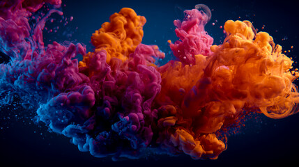 Fototapeta premium A colorful cloud of ink in water, with the hues of orange and pink swirling together on a dark blue background