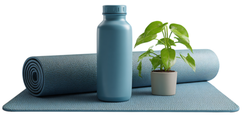 Minimalist yoga mat, water bottle, and potted plant on a black background Concept of wellness, healthy lifestyle, and fitness