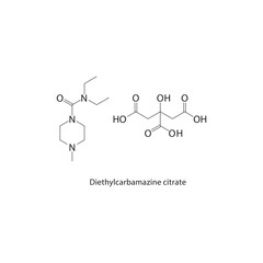 Diethylcarbamazine citrate skeletal structure. antiparasitic salt compound schematic illustration. Simple diagram, chemical formula.