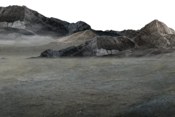 Fotobehang Grijs mountain landscape with snow/Arid and dusty geology scene with dark rocky cliffs and untouched natural landscape.  © Saharattaphum
