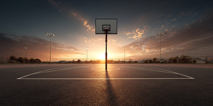 Empty outdoor basketball court at sunset with dramatic sky Concept of sport, recreation, and healthy lifestyle in the evening with sun rays