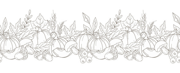 Fall Seamless Design. Horizontal  Fall Background. Autumn Line Art Drawing. Fall Flower Design. Fall Botanical garland seamless. Border Frame