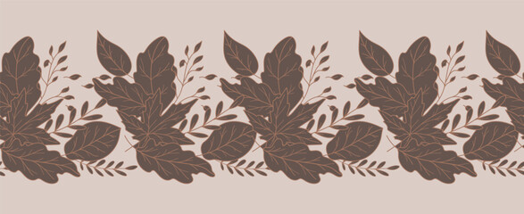 Fall Seamless Design. Horizontal  Fall Background. Autumn Line Art Drawing. Fall Flower Design. Fall Botanical garland seamless. Border Frame