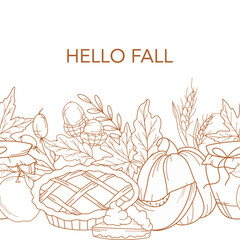 Fall Seamless Design. Hello Fall Poster. Horizontal  Fall Background. Autumn Line Art Drawing. Fall Botanical garland seamless. Border Frame