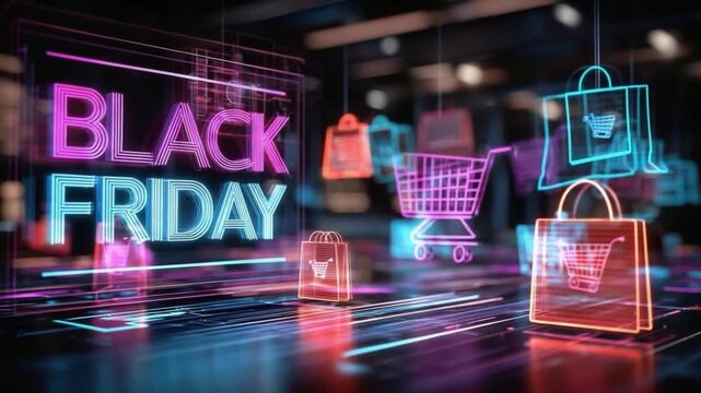 Vibrant digital display showcasing Black Friday shopping excitement with neon graphics and shopping cart imagery