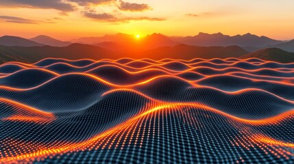 A digital grid landscape glows with orange light under a vibrant sunset over distant mountains