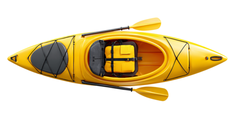 Top view of bright yellow kayak with paddle and life vest, isolated on black background Concept of water sports, recreation, and outdoor adventure