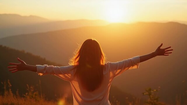 Young woman with arms outstretched inhaling fresh mountain air at sunrise

