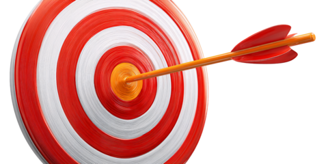 Arrow hitting the bullseye of a red and white target, symbolizing success, accuracy, and achievement in business or sports