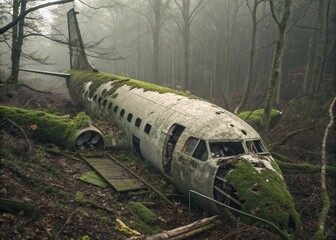 Fototapeta premium An abandoned aircraft overgrown with moss and vegetation rests silently within a dense foggy forest creating an eerie and forgotten atmosphere