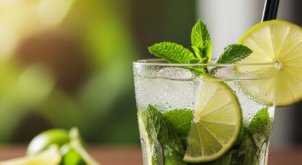 A vibrant close-up of a refreshing mojito cocktail, garnished with fresh lime and mint, featuring condensation on the glass. Perfect for themes of summer drinks, parties, and cool refreshments.