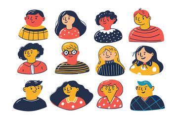 Diverse Portrait Collection: An assortment of colorful illustrated portraits of diverse individuals, each embodying unique characteristics, style, and individuality.