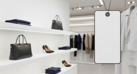 Blank white price tag mockup hanging in a modern luxury fashion boutique. Ideal for retail branding and sales promotion concepts.