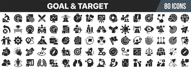 Goal and target icon set. Business strategy, achievement, teamwork, growth, leadership and success symbols. Vector illustration