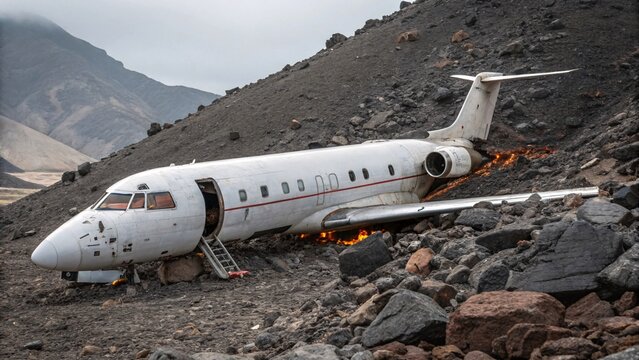 A crashed private jet lies engulfed in flames on a rocky mountainside with its doors open and emergency stairs deployed - Powered by Adobe