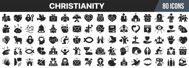 Christianity icon set. Faith, church, bible, cross, prayer, love, charity, hope and worship symbols. Vector illustration