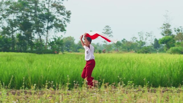 Young Indonesian Boy Runs Joyfully Through Lush Rice Field While Holding Up Red And White Flag