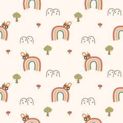 Fototapeta premium Tractor on rainbow cartoon so cute. On tree flower mountain background. Pattern seamless vector illustration. 