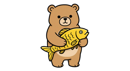 Cartoon Bear Holding a Fish, Adorable Animal Illustration for Wildlife and Nature Themes