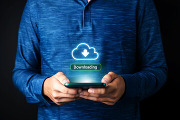 Person holding smartphone with cloud download icon representing data transfer process