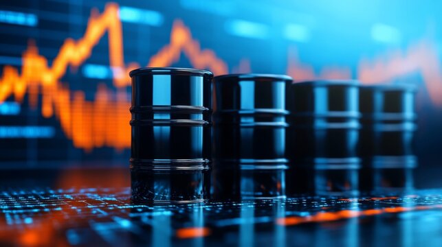 Black oil barrels with a fluctuating digital stock market chart in the background indicating commodity price changes.