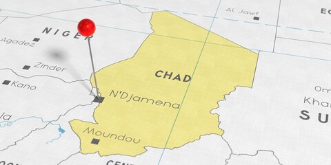 Obraz premium Chad, N'Djamena - push pin on political map - 3D illustration