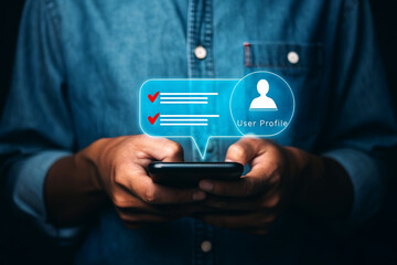 Person using smartphone to access and review user profile and completed tasks