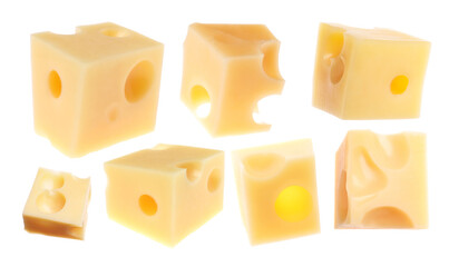 Cubes of fresh cheese on white background, collage