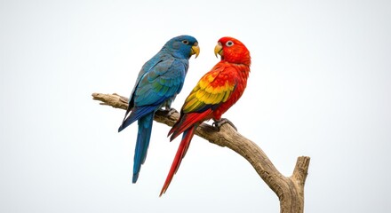 Obraz premium Colorful Parrots Perched on Branch in Bright Sky