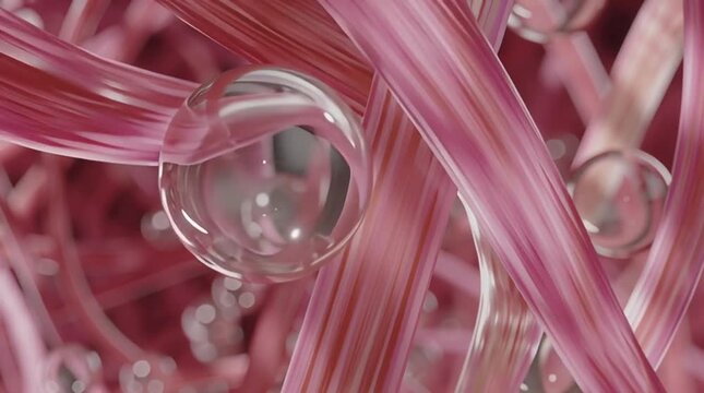 Amyloid plaque brain. Neurodegeneration cells. A close-up of intertwined pink fibers with clear spherical droplets, resembling a microscopic or abstract biological structure.