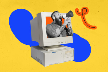 Banner creative poster artwork collage of happy man it-specialist peek pc monitor hold megaphone...