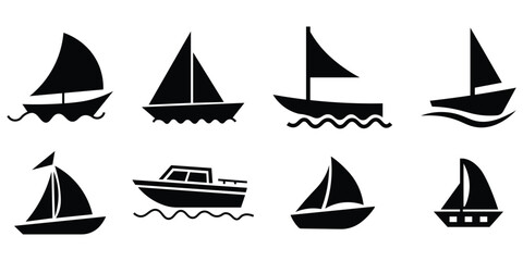 Collection of black sailing vessel silhouettes. Shipping, cruise symbol. Collection of various watercraft boats ships yachts. Vector illustration. 