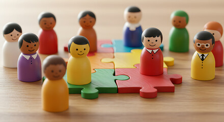 children playing with puzzle pieces, colorful wooden toy blocks, RelevanceColorful wooden figures represent diverse people connecting on jigsaw pieces. Teamwork, diversity concept visualizgame of game