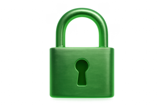 Green closed padlock securing data on transparent background