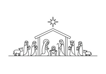 Belen Christmas drawing. It is a black and white outline image of a nativity scene, a traditional Christmas depiction of the birth of Jesus in a manger with Mary, Joseph. Vector sketch line art draw.