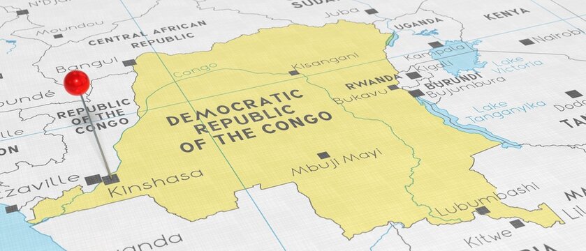 Democratic Republic of the Congo, Kinshasa - push pin on political map - 3D illustration