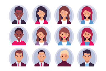 Diverse Profile Pictures: A collection of avatar portraits, representing diverse individuals with varied skin tones, hair styles, and expressions, ideal for use in user interfaces, social media.